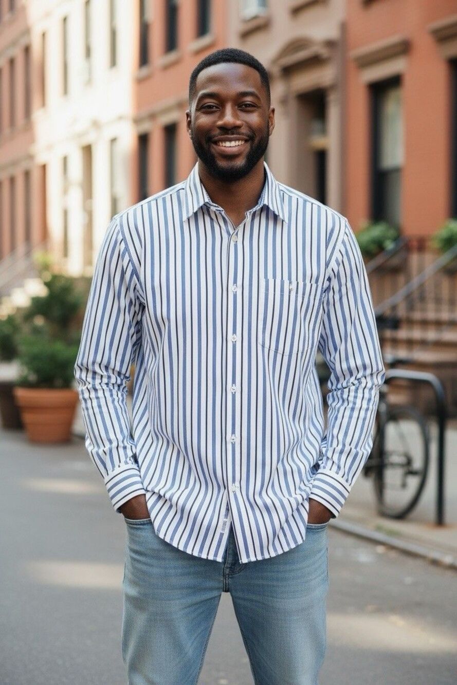 EUC Alex Cannon Shirt Men’s L Blue Stripped Long Sleeve Button-Down 100% Cotton
